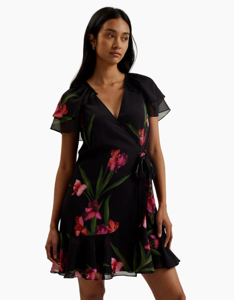 Ted Baker Fascia Angel Sleeve Wrap Black Mini Dress