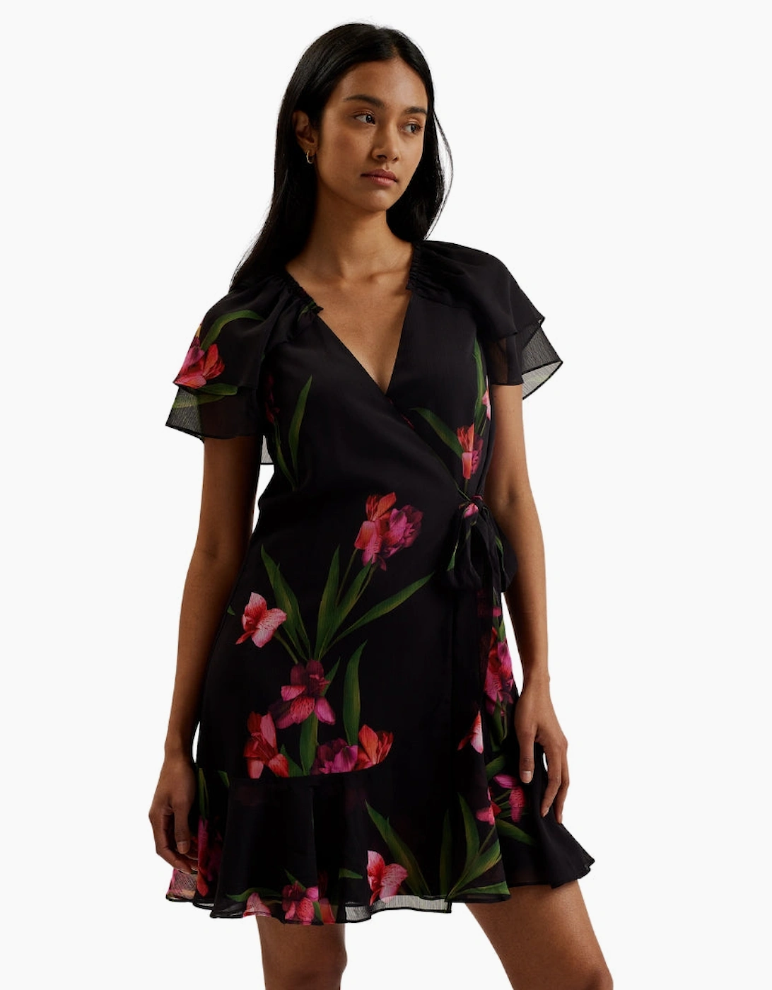 Ted Baker Fascia Angel Sleeve Wrap Black Mini Dress