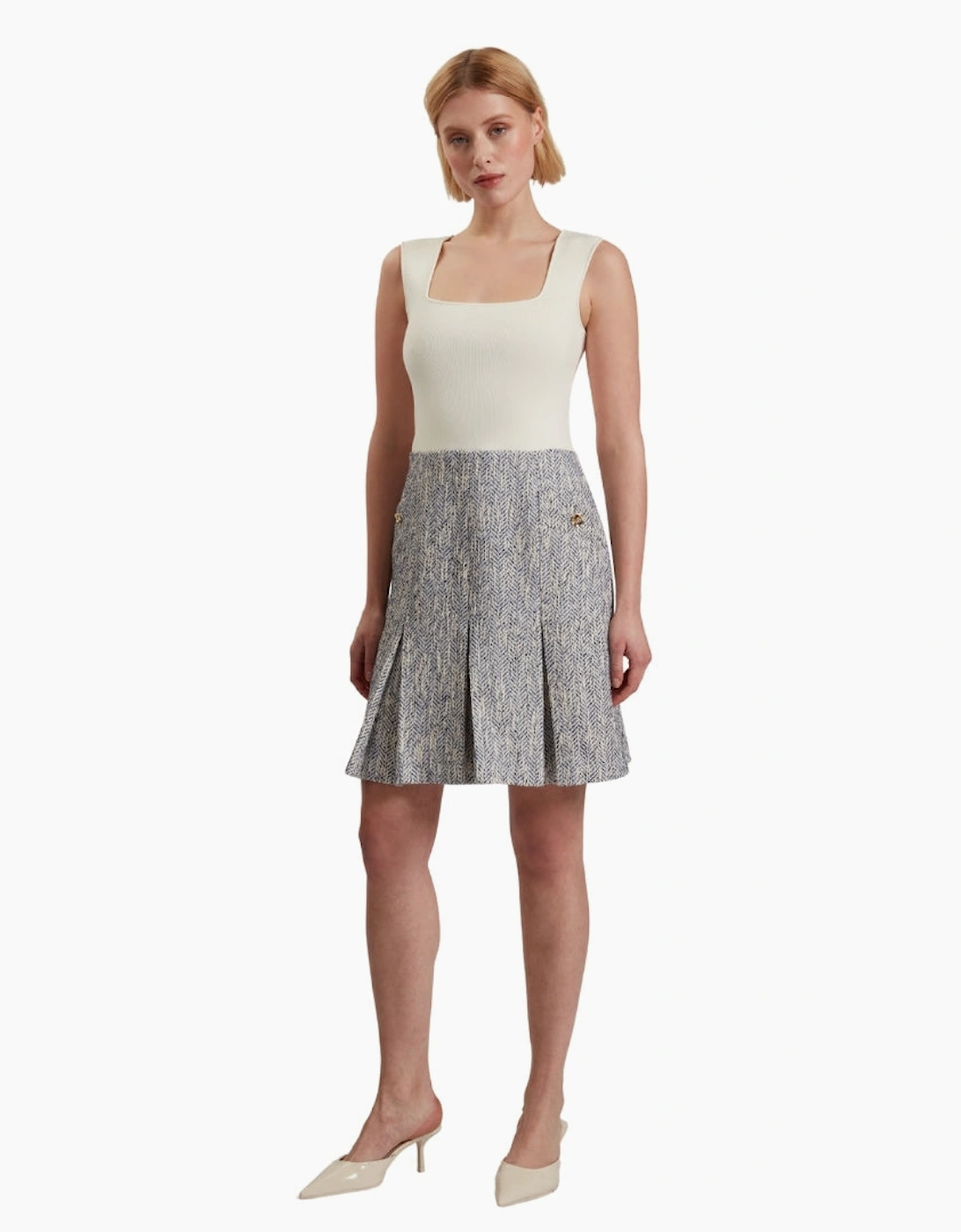 Ted Baker Vulpam Sleeveless Knit Bodice Boucle Light Blue Dress
