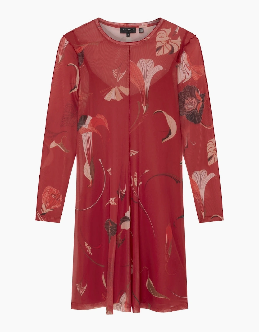 Ted Baker Women's Red Mesh Long Sleeve Printed Midi Dress - Size 12