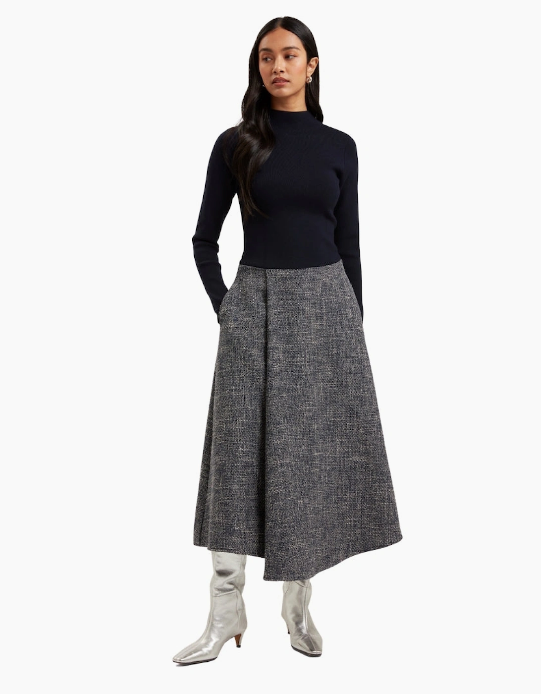 Ted Baker Abieb Polo Neck Knit Bodice Navy Midi Dress