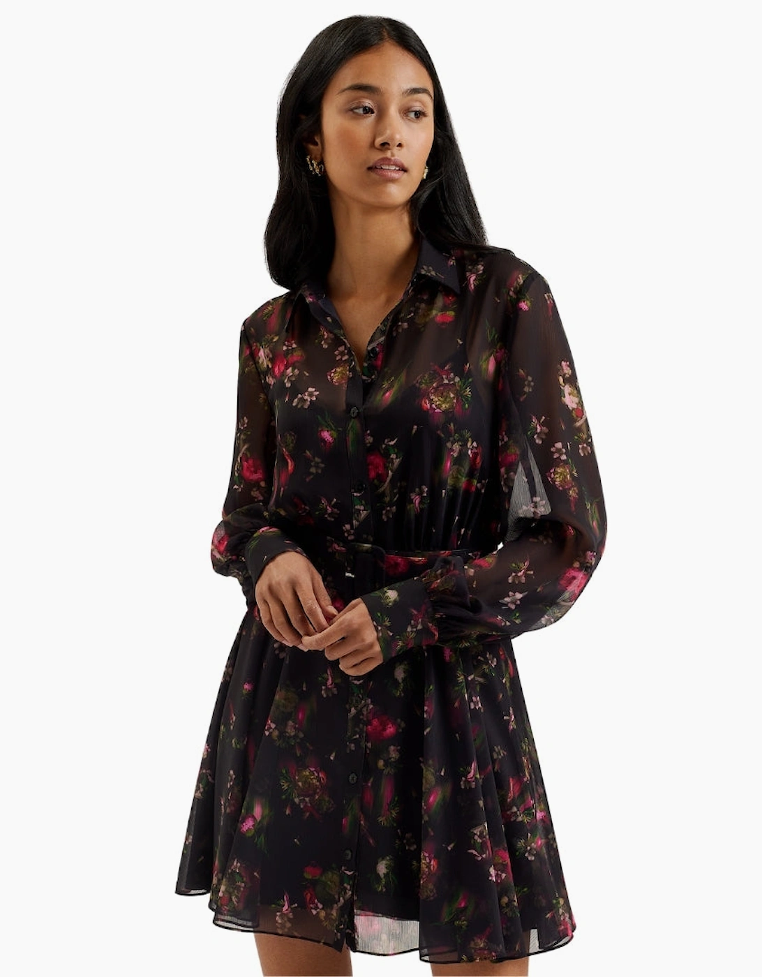Ted Baker Ebene Collared Printed Button Down Black Dress