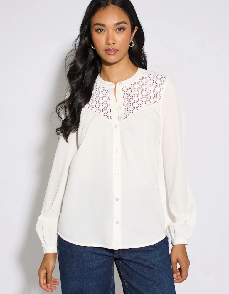 White Long Sleeve Broderie Cotton Top Blouse
