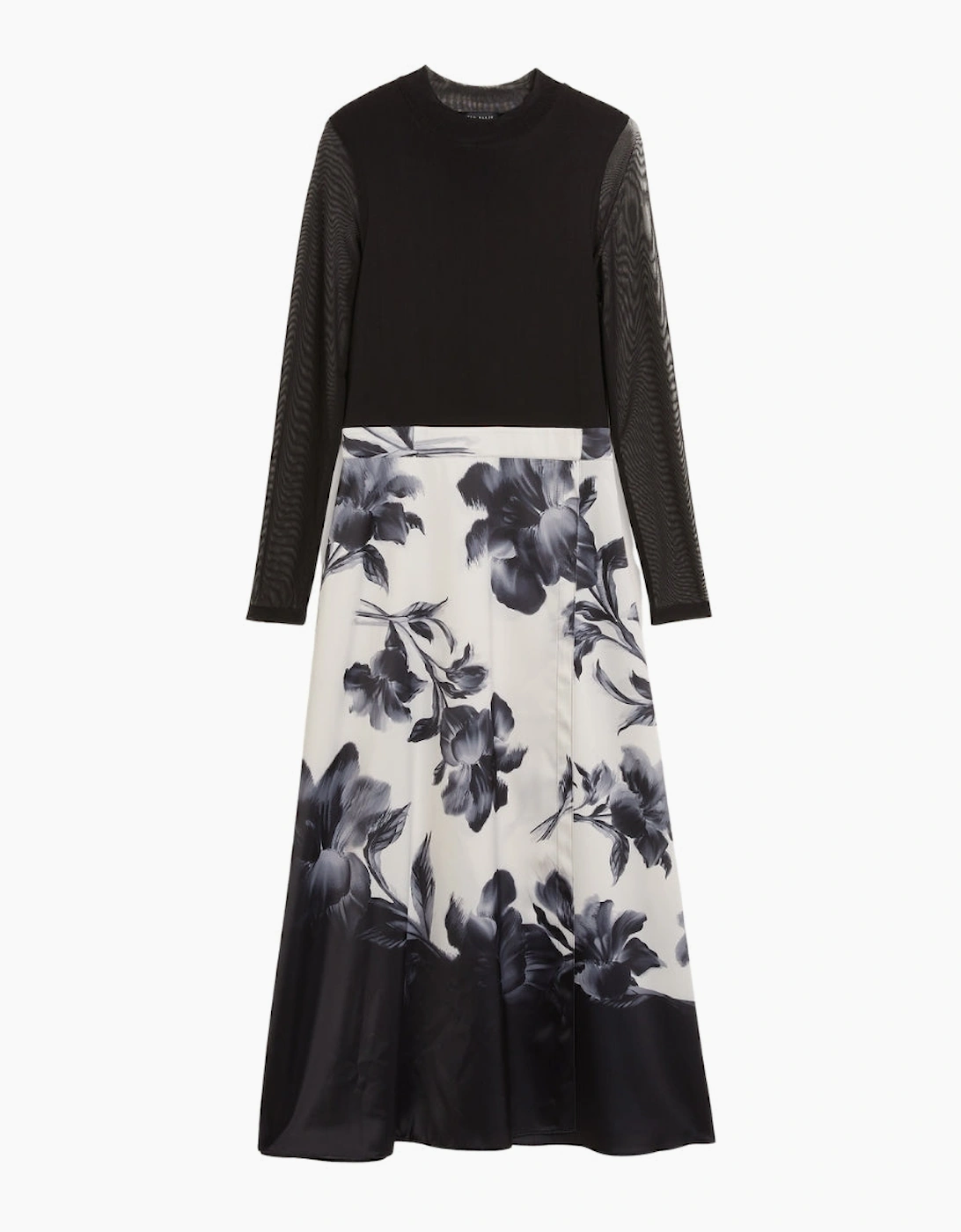 Women's Ted Baker Selnaa Mesh Top Printed Skirt Midi Black Dress - Size: 8