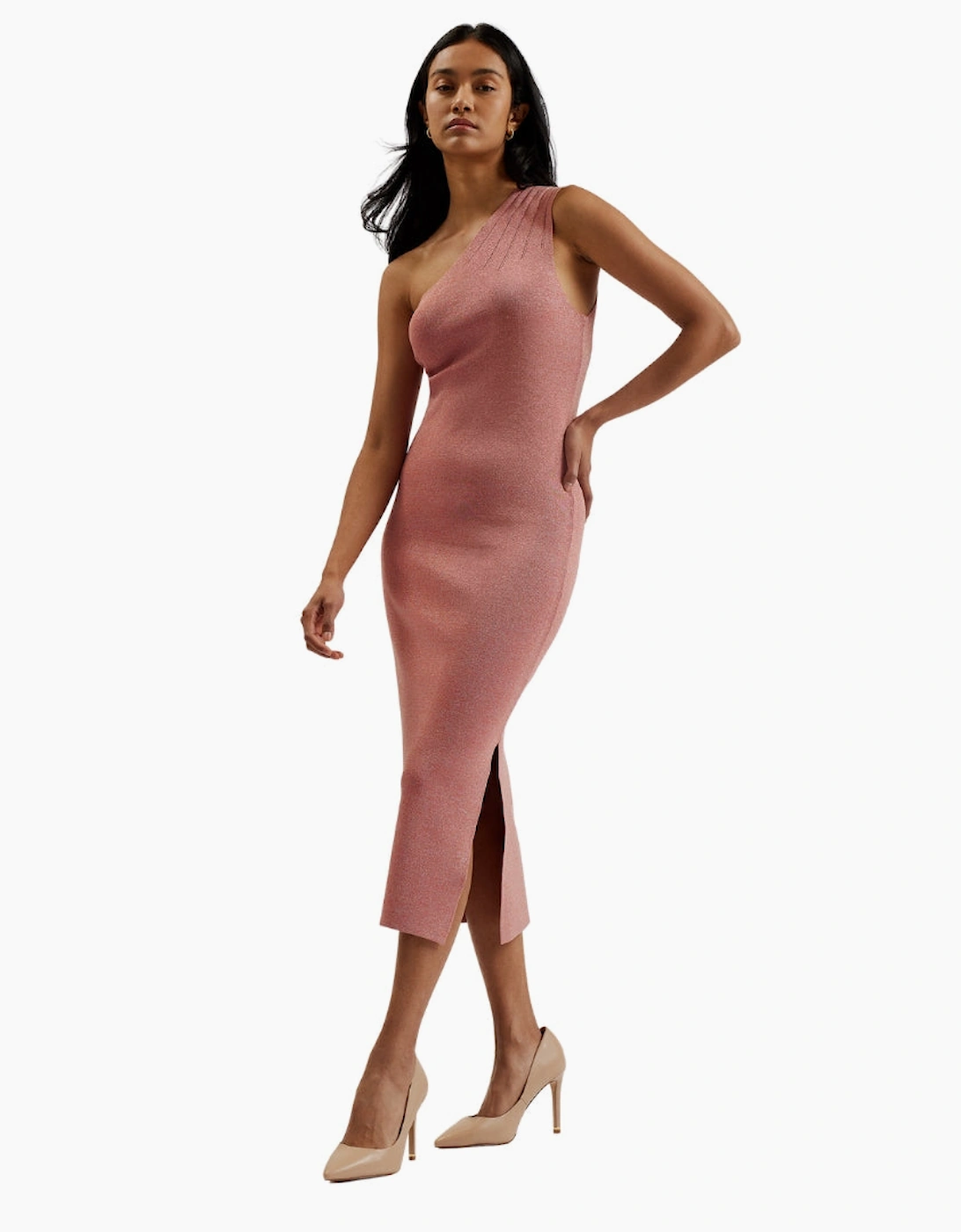 Ted Baker Kaleyy One Shoulder Lurex Knit Midi Pale Pink Dress