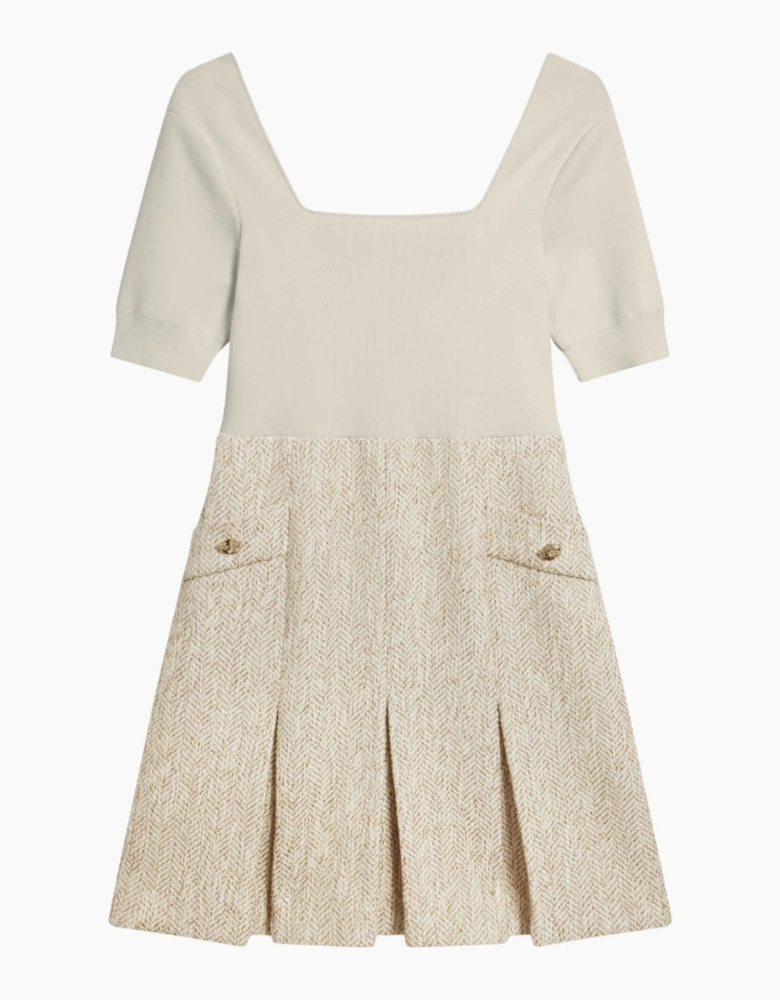 Ted Baker Vulpad Knit Bodice Boucle Ivory Mini Dress