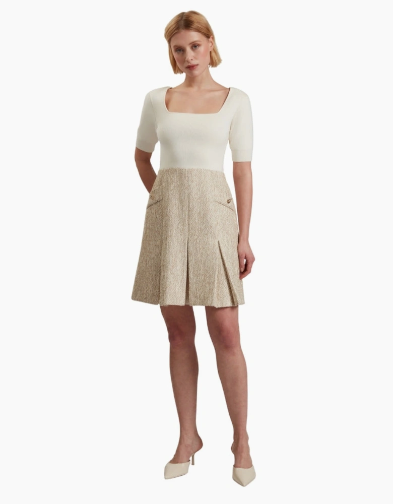 Ted Baker Vulpad Knit Bodice Boucle Ivory Mini Dress