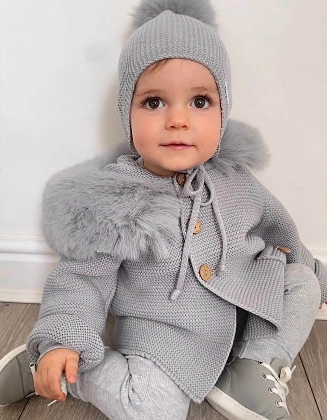 Grey Knit Real Fur Trim Cardigan