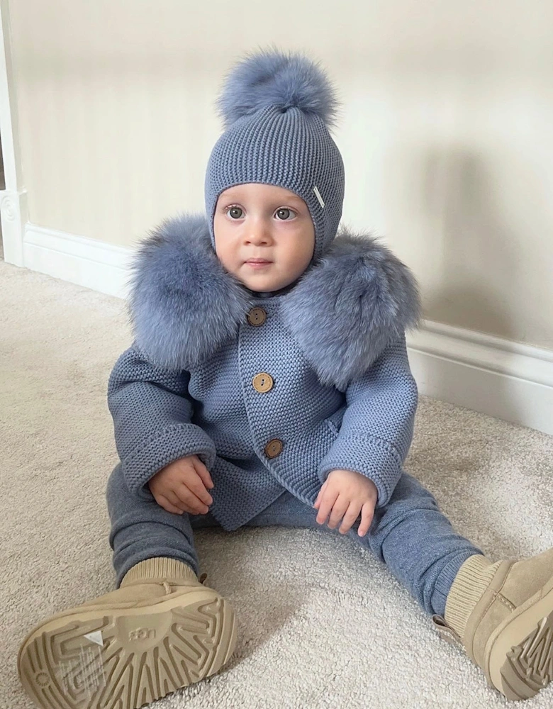 Bruma Blue Knit Real Fur Tie Hat