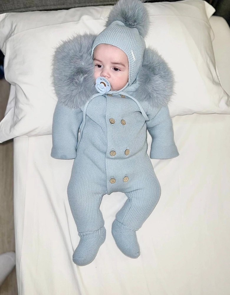 Powder Blue Knit Faux Fur Trim Pramsuit