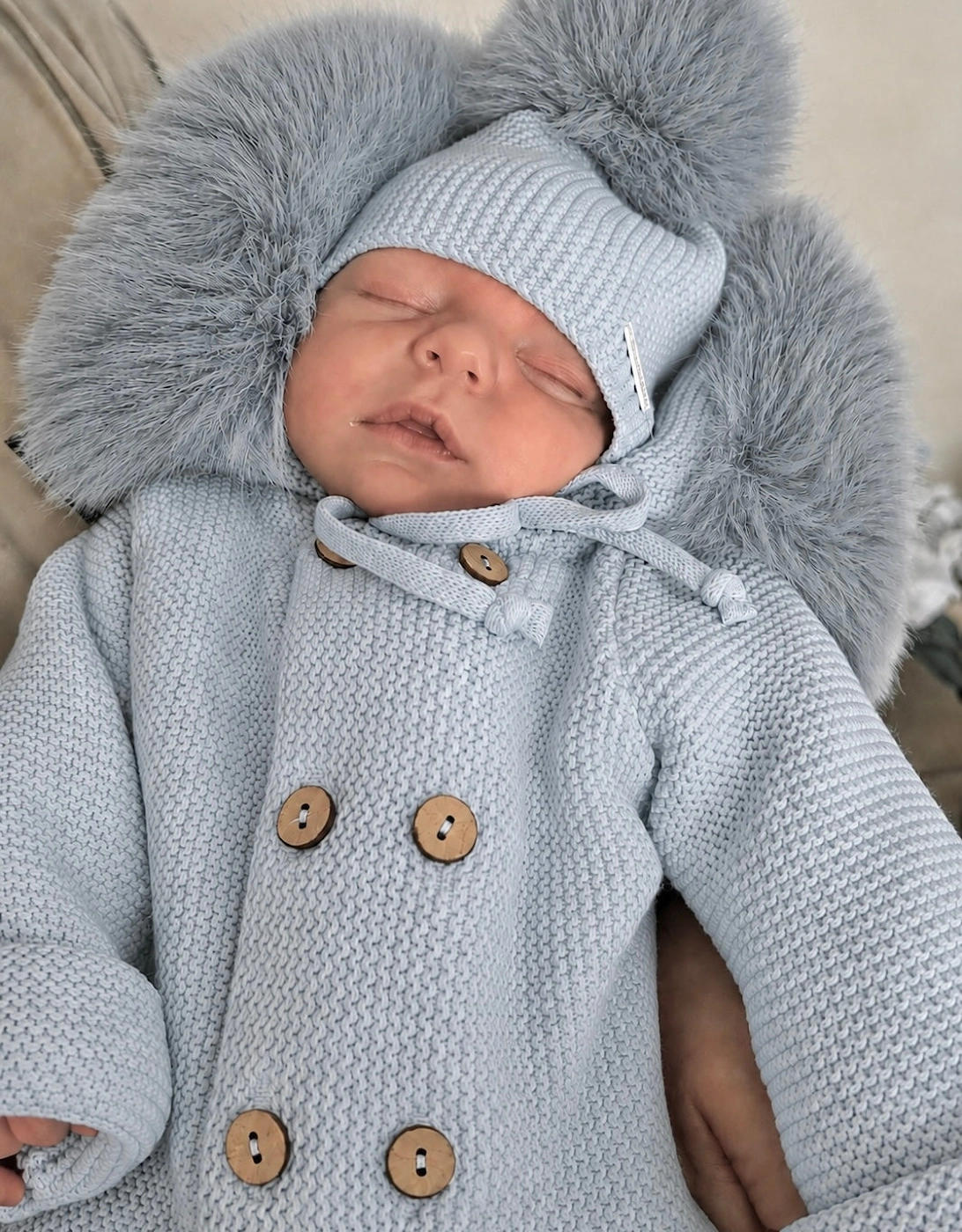 Powder Blue Knit Faux Fur Tie Hat
