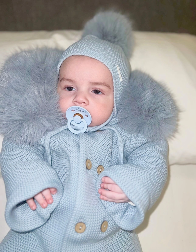 Powder Blue Knit Faux Fur Tie Hat