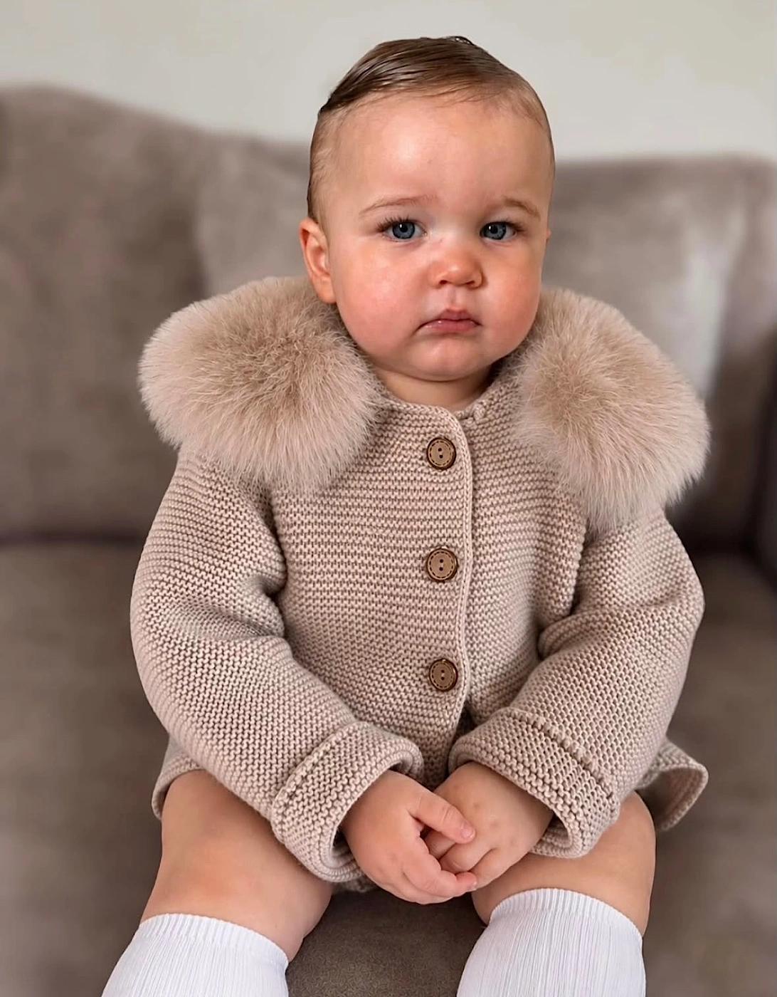 Deep Sand Knit Faux Fur Trim Cardigan