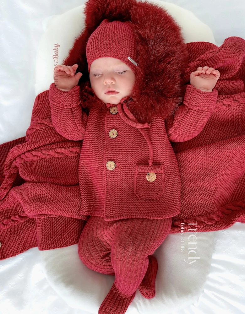 Dark Red Knit Real Fur Trim Cardigan