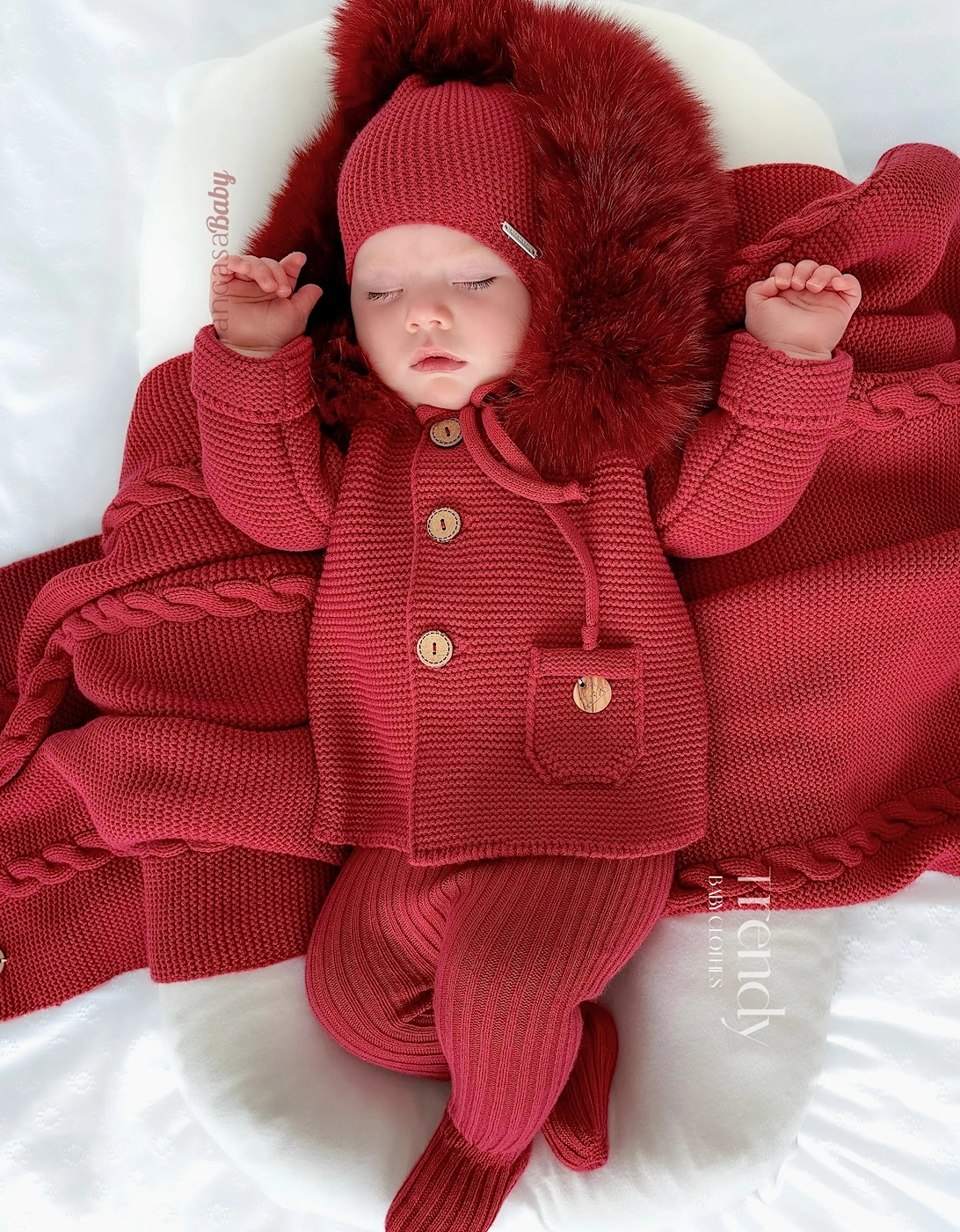 Dark Red Knit Real Fur Trim Cardigan