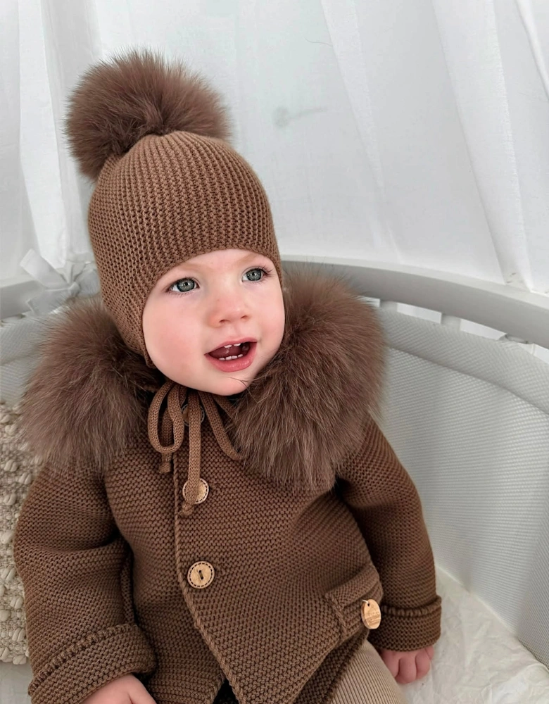 Chocolate Brown Knit Real Fur Trim Cardigan
