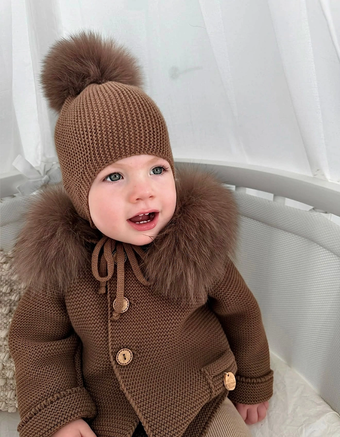 Chocolate Brown Knit Real Fur Trim Cardigan