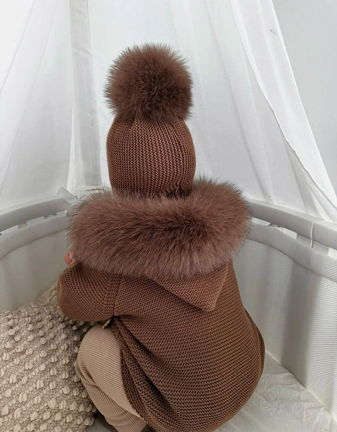 Chocolate Brown Cable Knit Real Fur Trim Pramsuit