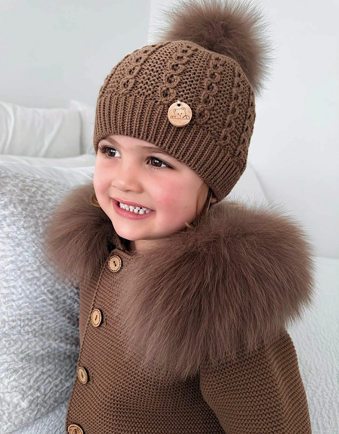 Chocolate Brown Knit Real Fur Cable Hat