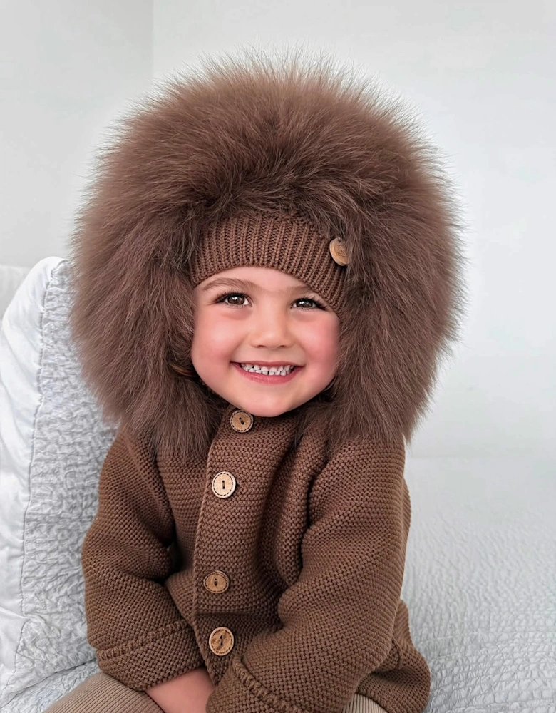 Chocolate Brown Knit Real Fur Cable Hat