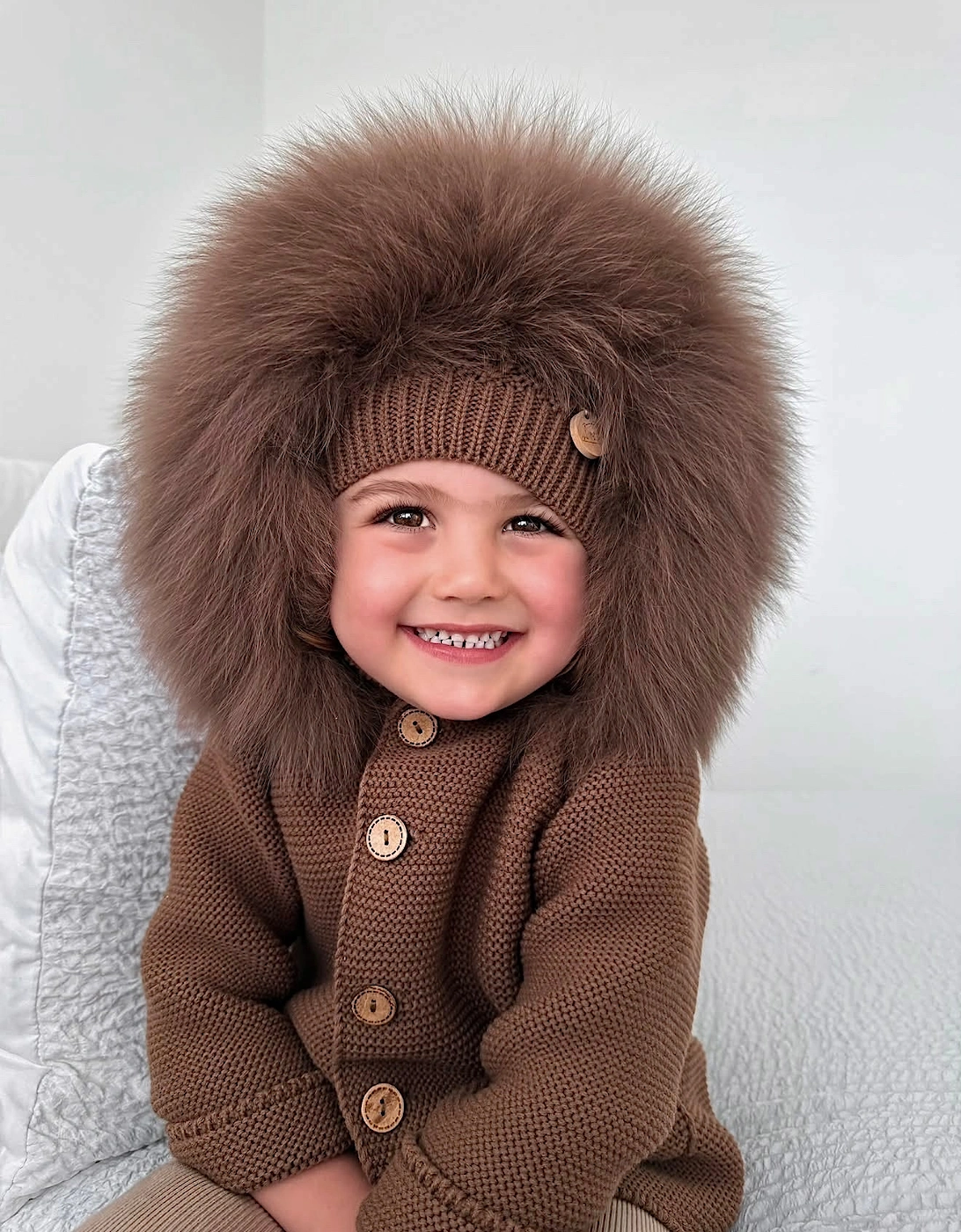 Chocolate Brown Knit Real Fur Cable Hat
