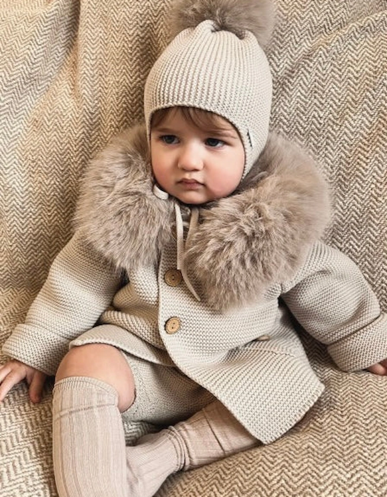 Light Camel Knit Faux Fur Trim Cardigan