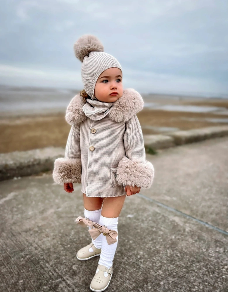 Light Camel Knit Faux Fur Trim Cardigan