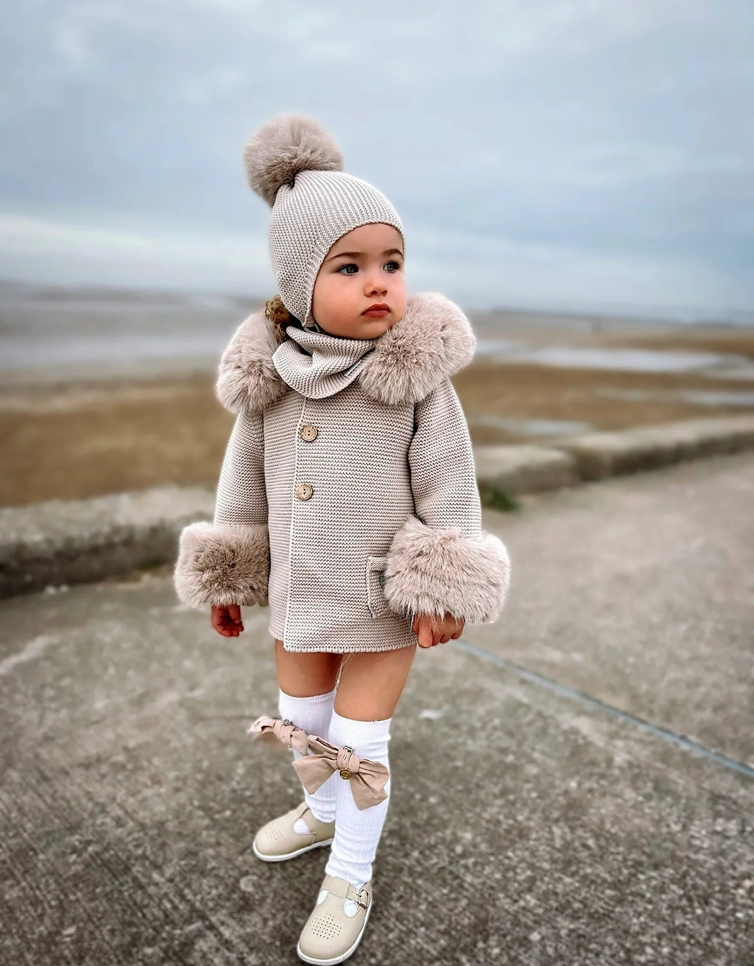 Light Camel Knit Faux Fur Trim Cardigan