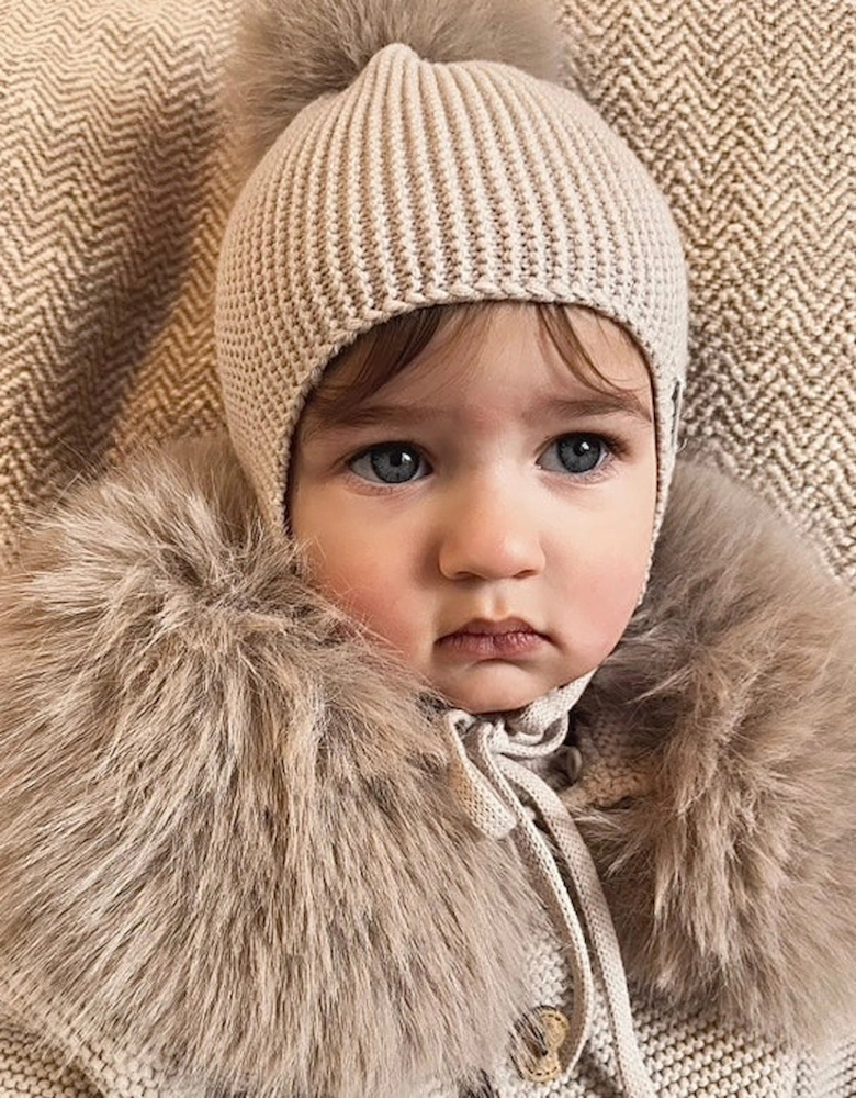 Light Camel Knit Faux Fur Tie Hat