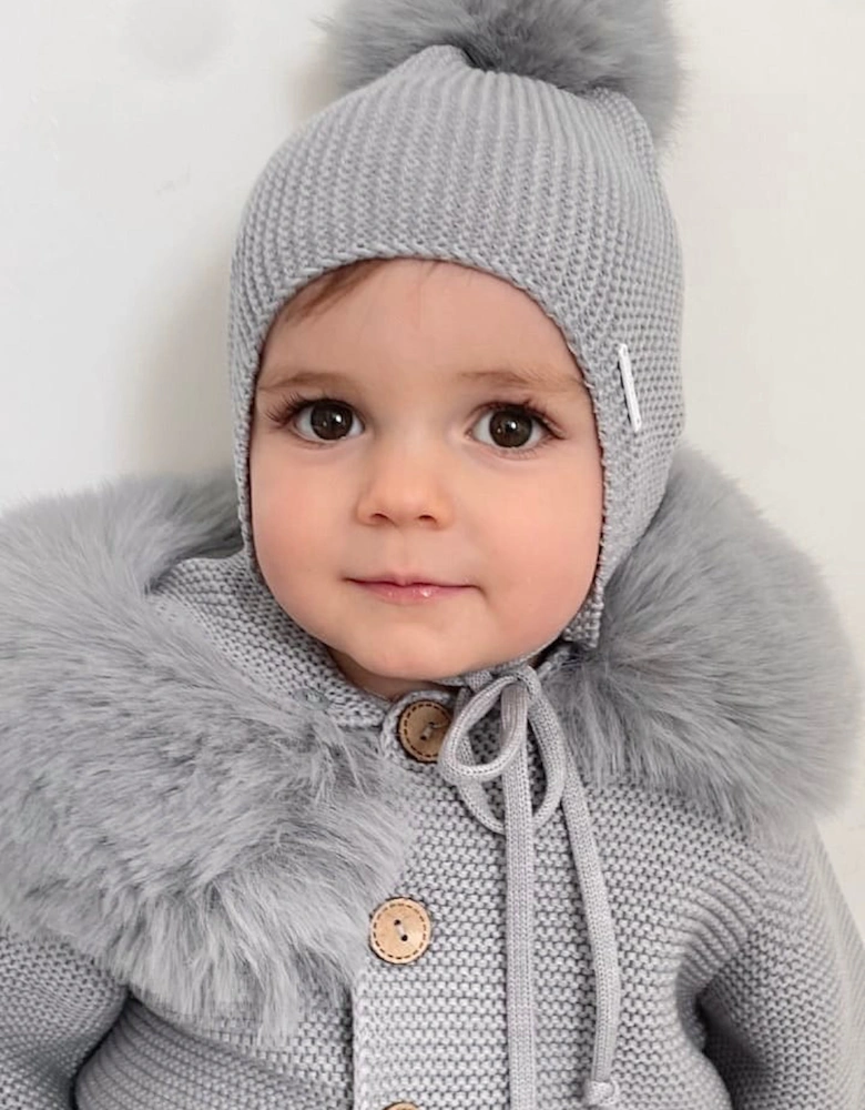 Grey Knit Real Fur Tie Hat
