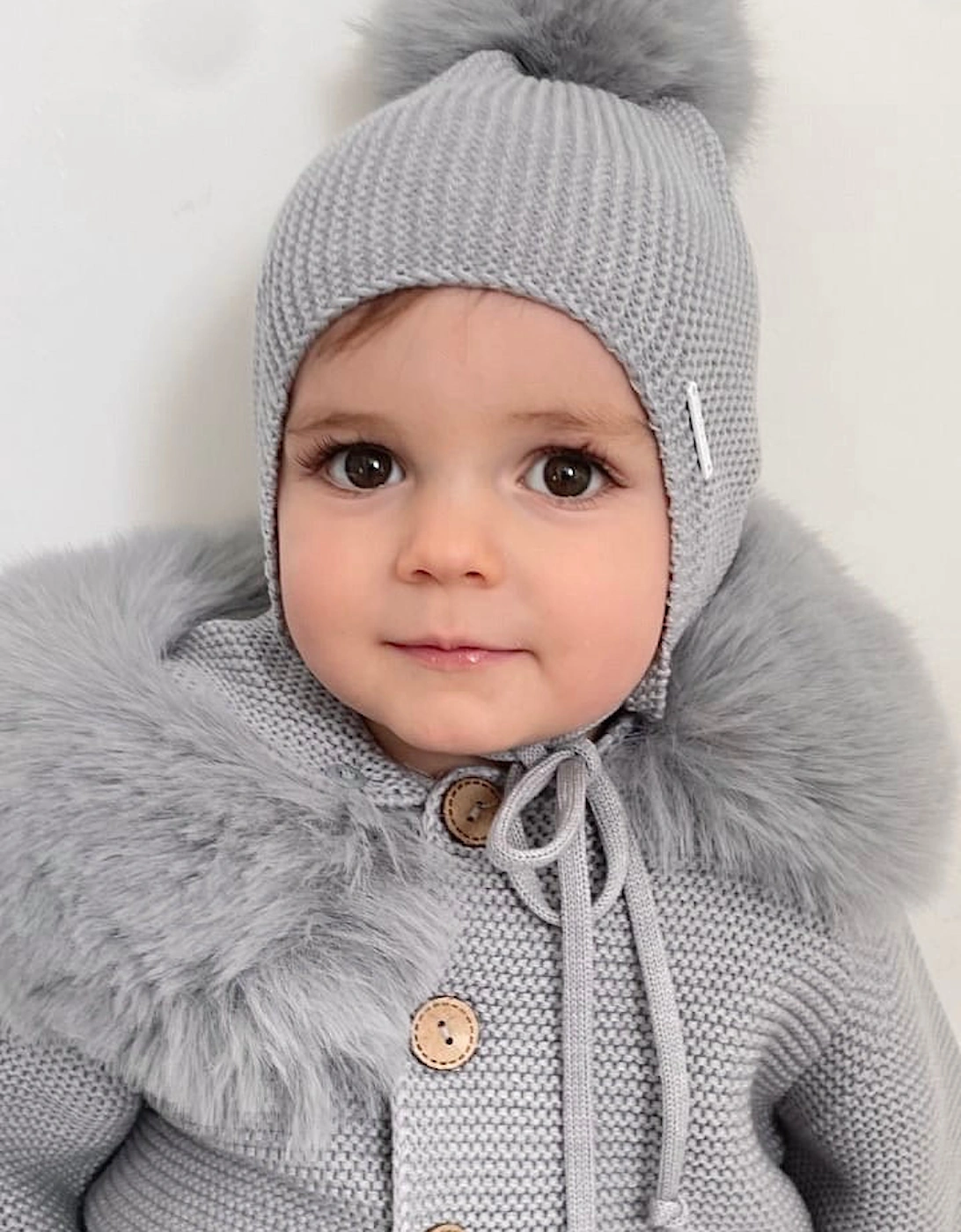 Grey Knit Real Fur Tie Hat