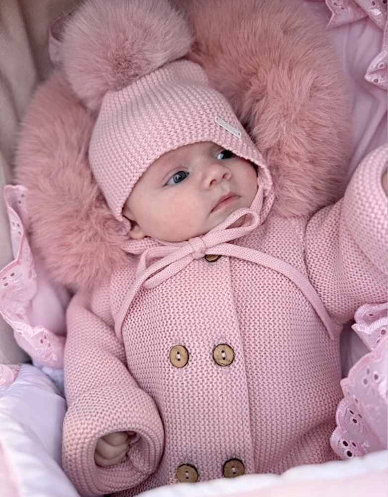 Powder Pink Cable Knit Faux Fur Trim Pramsuit
