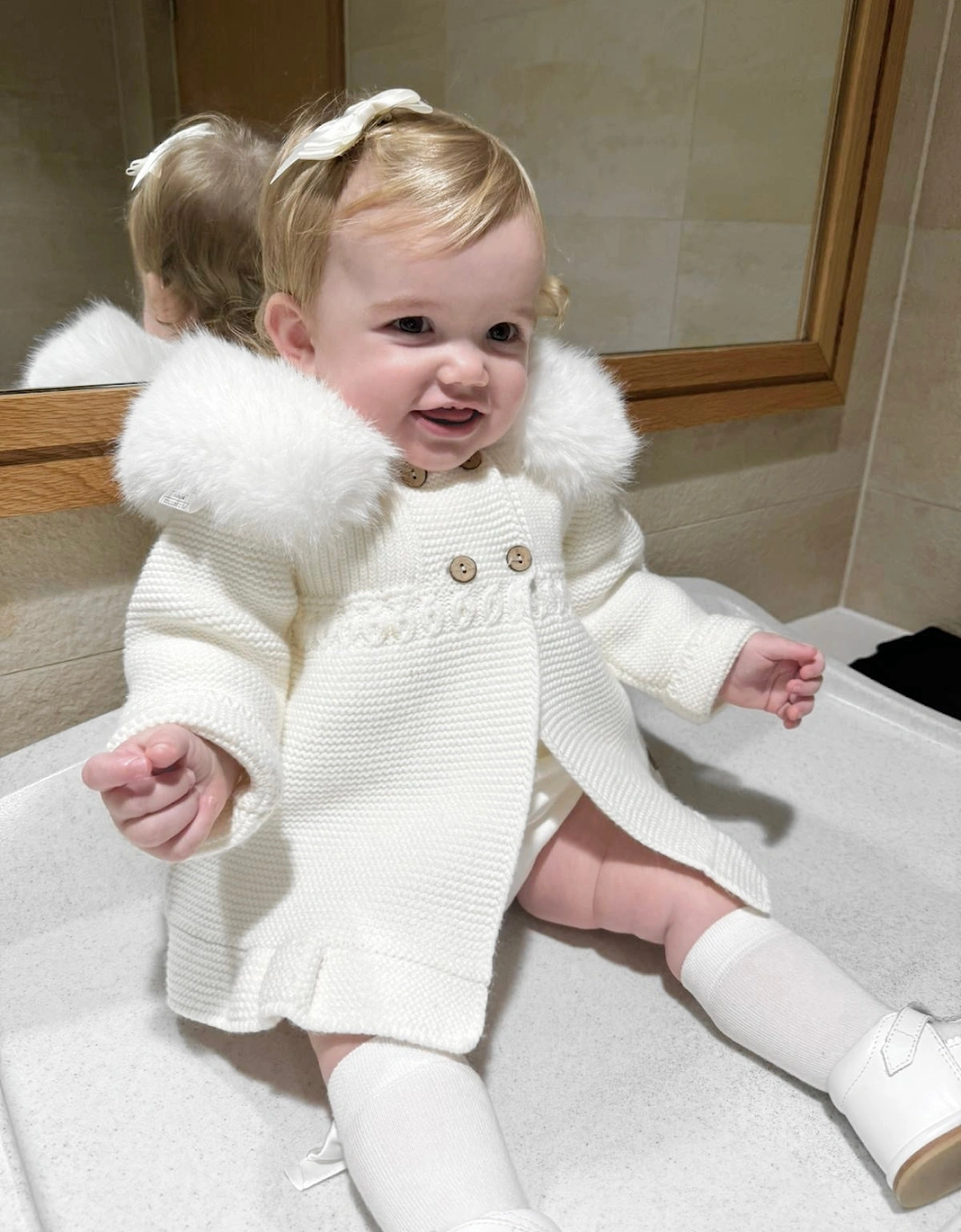 Ivory Knit Faux Fur Trim Cardigan