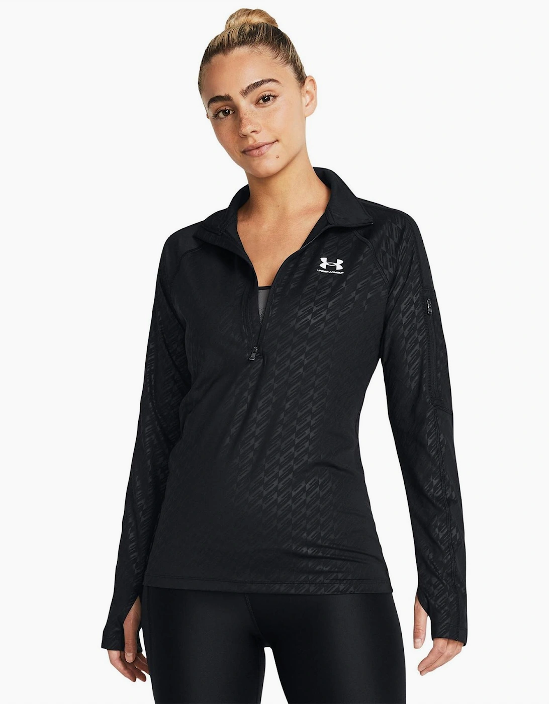 Embossed Zip Neck Long Sleeve Tech Athletic Top