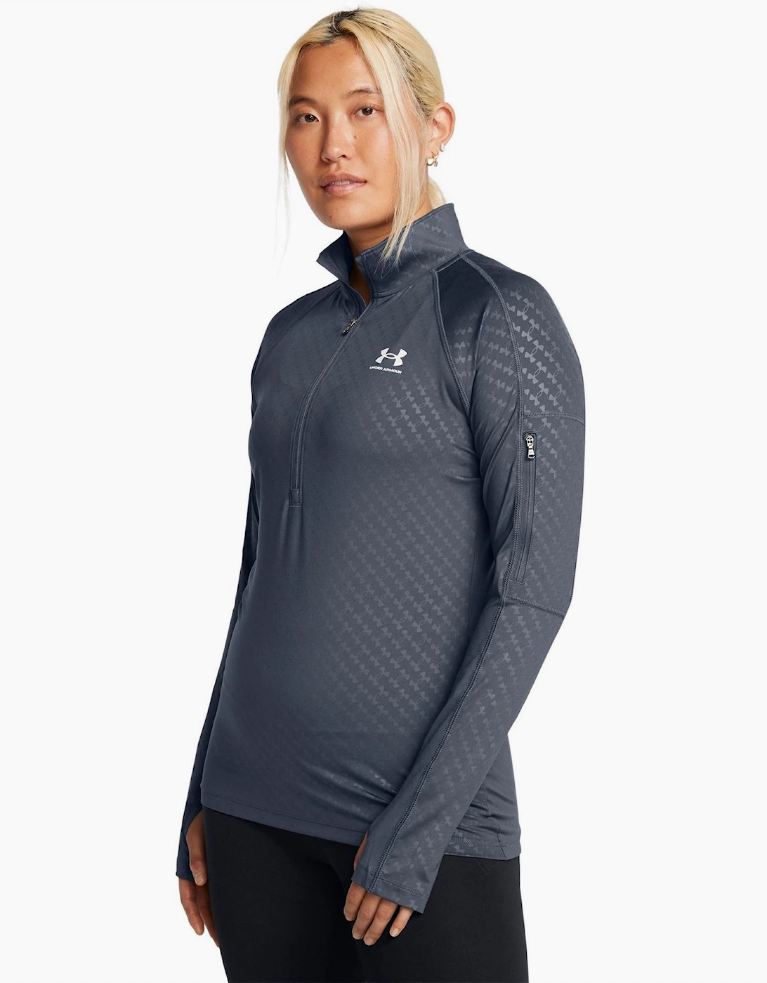 Embossed Zip Neck Long Sleeve Tech Athletic Top