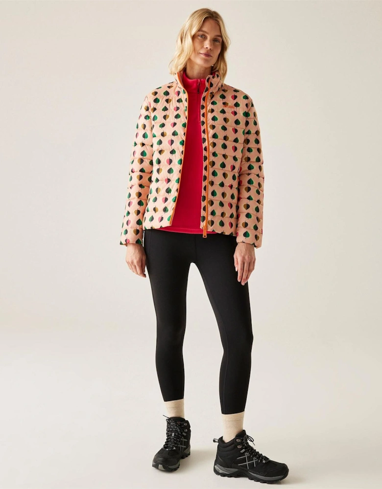 Leaf Patterned High Neck Woven Cuff Puffer Jacket