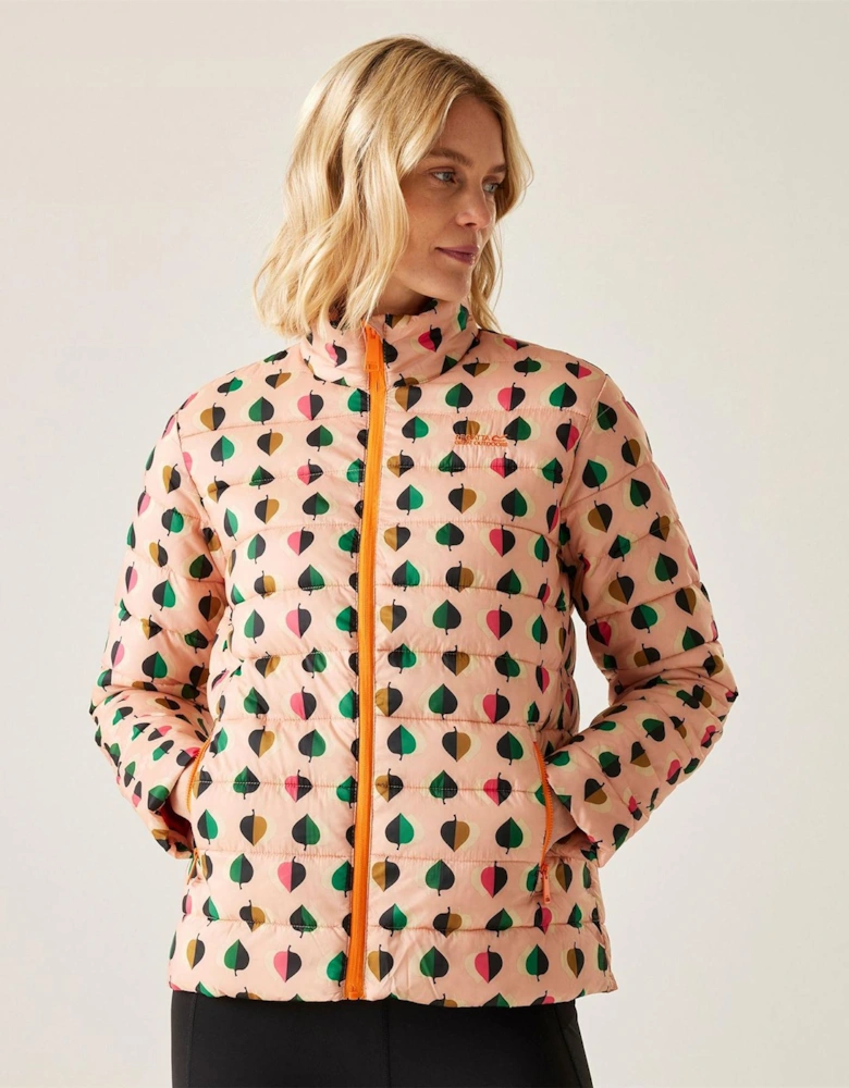 Leaf Patterned High Neck Woven Cuff Puffer Jacket