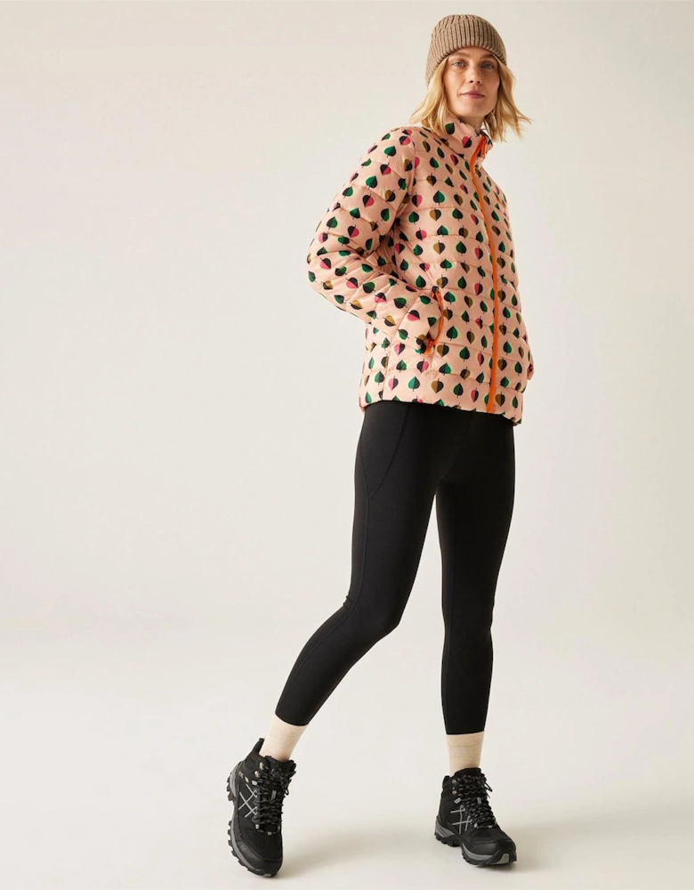 Leaf Patterned High Neck Woven Cuff Puffer Jacket