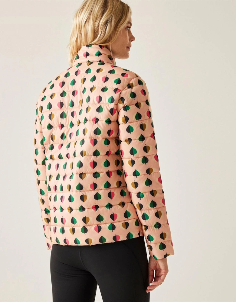 Leaf Patterned High Neck Woven Cuff Puffer Jacket