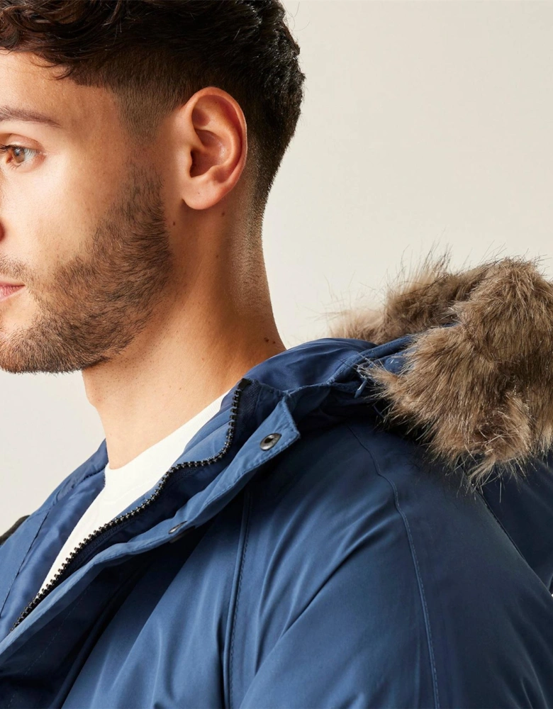 Salingeriii Solid Patterned Hooded Drawstring Fur Trim Parka Coat