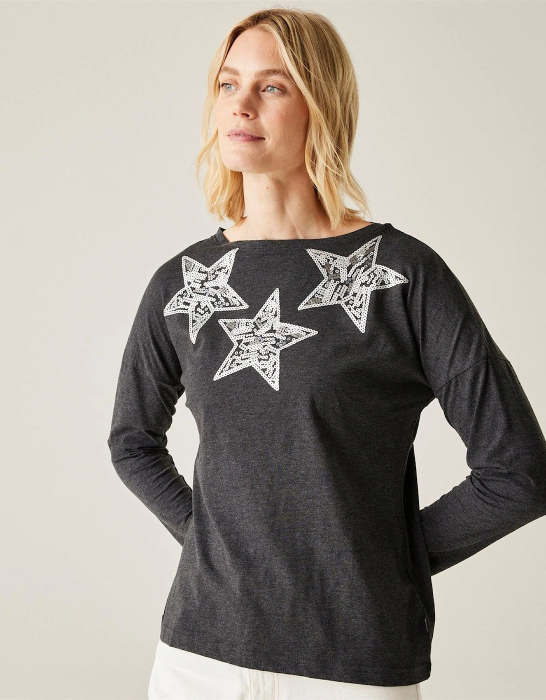 Regatta Women's Carlene Sequin Graphic Boat Neck Long Sleeve T-Shirt - Black - Size: 12