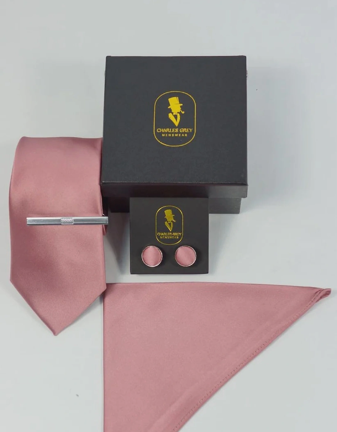 Charles Grey Tie, Pocket Square, Cuff Link & Tie Clip Set - Rose Pink