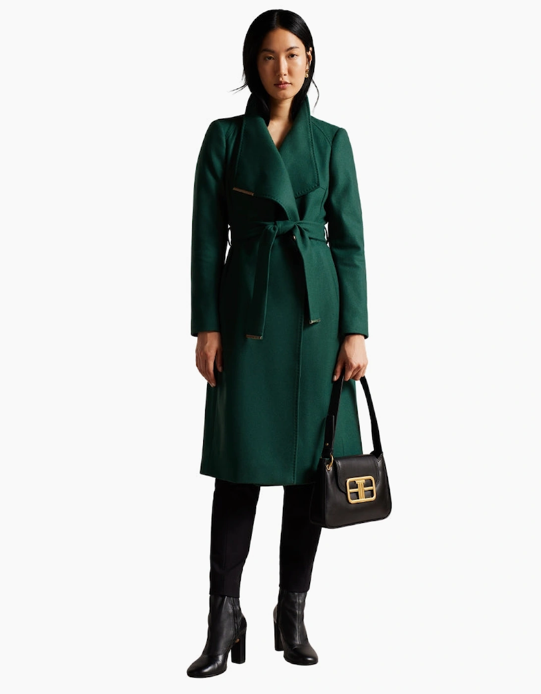 Ted Baker Women's Ted Baker Rose Midi Length Belted Wool Dark Green Wrap Coat