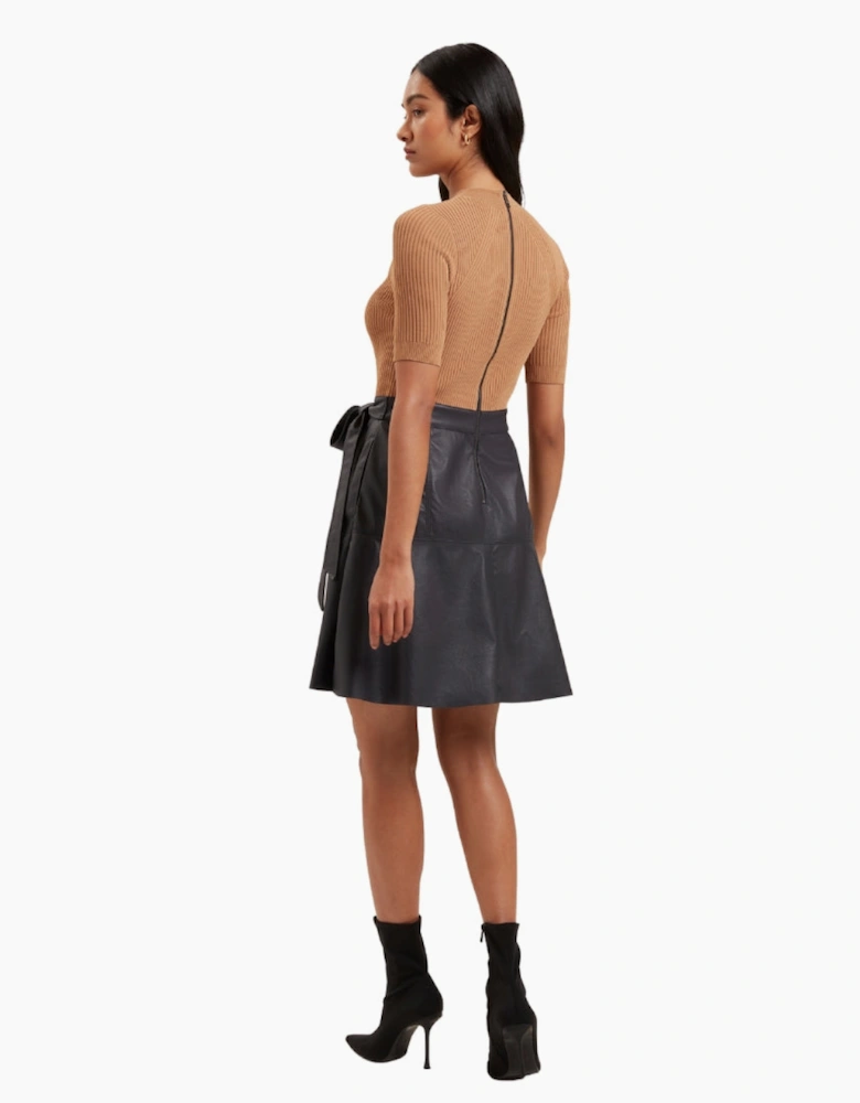 Ted Baker Olivia Knit Bodice Faux Leather Skirt Navy Dress