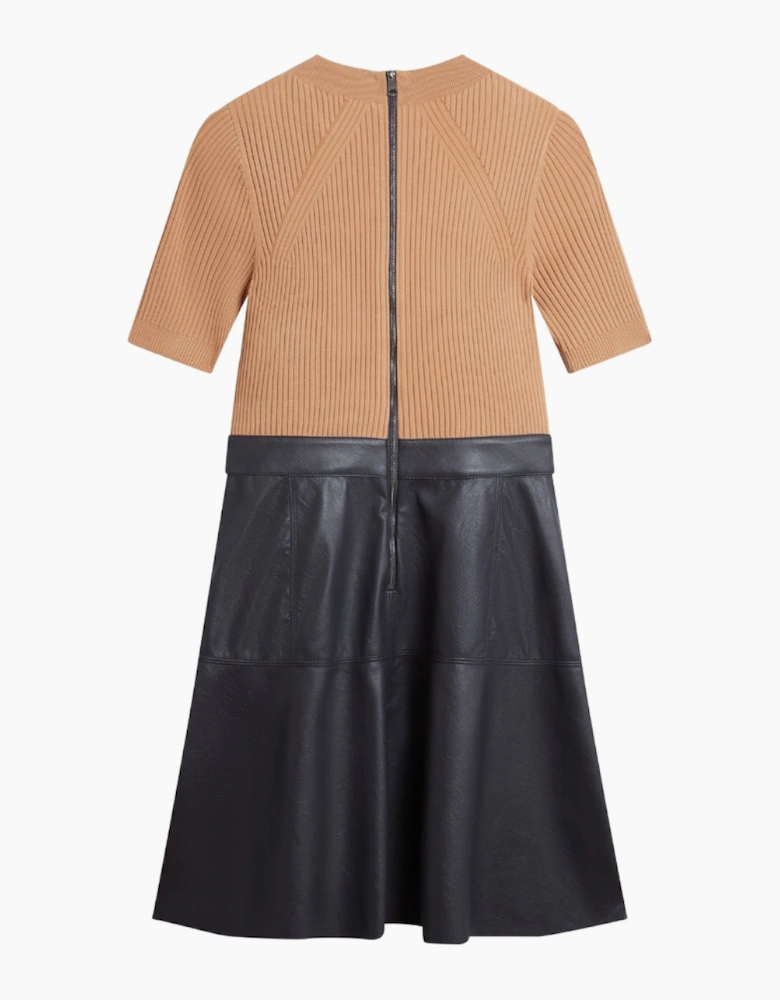 Ted Baker Olivia Knit Bodice Faux Leather Skirt Navy Dress