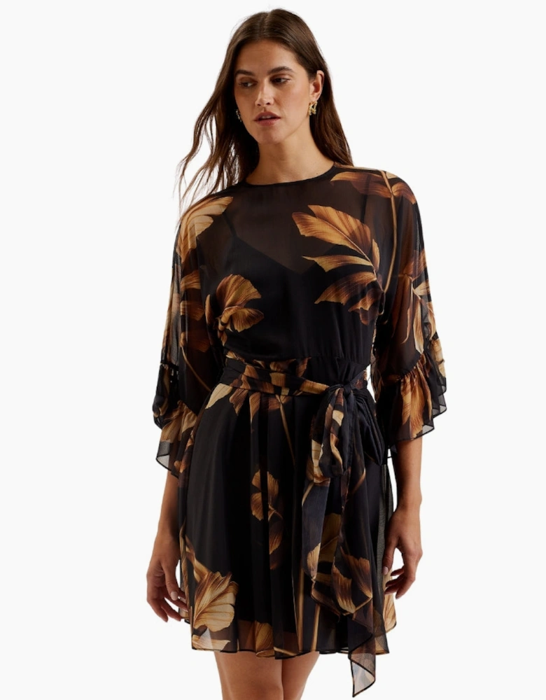 Ted Baker Elster Frill Detail Sleeve Sheer Black Mini Dress