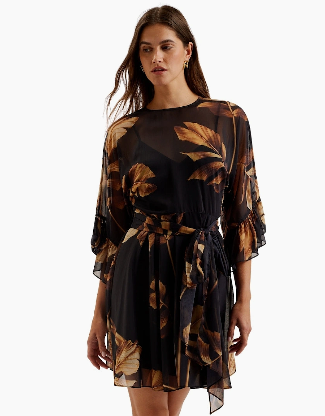 Ted Baker Elster Frill Detail Sleeve Sheer Black Mini Dress