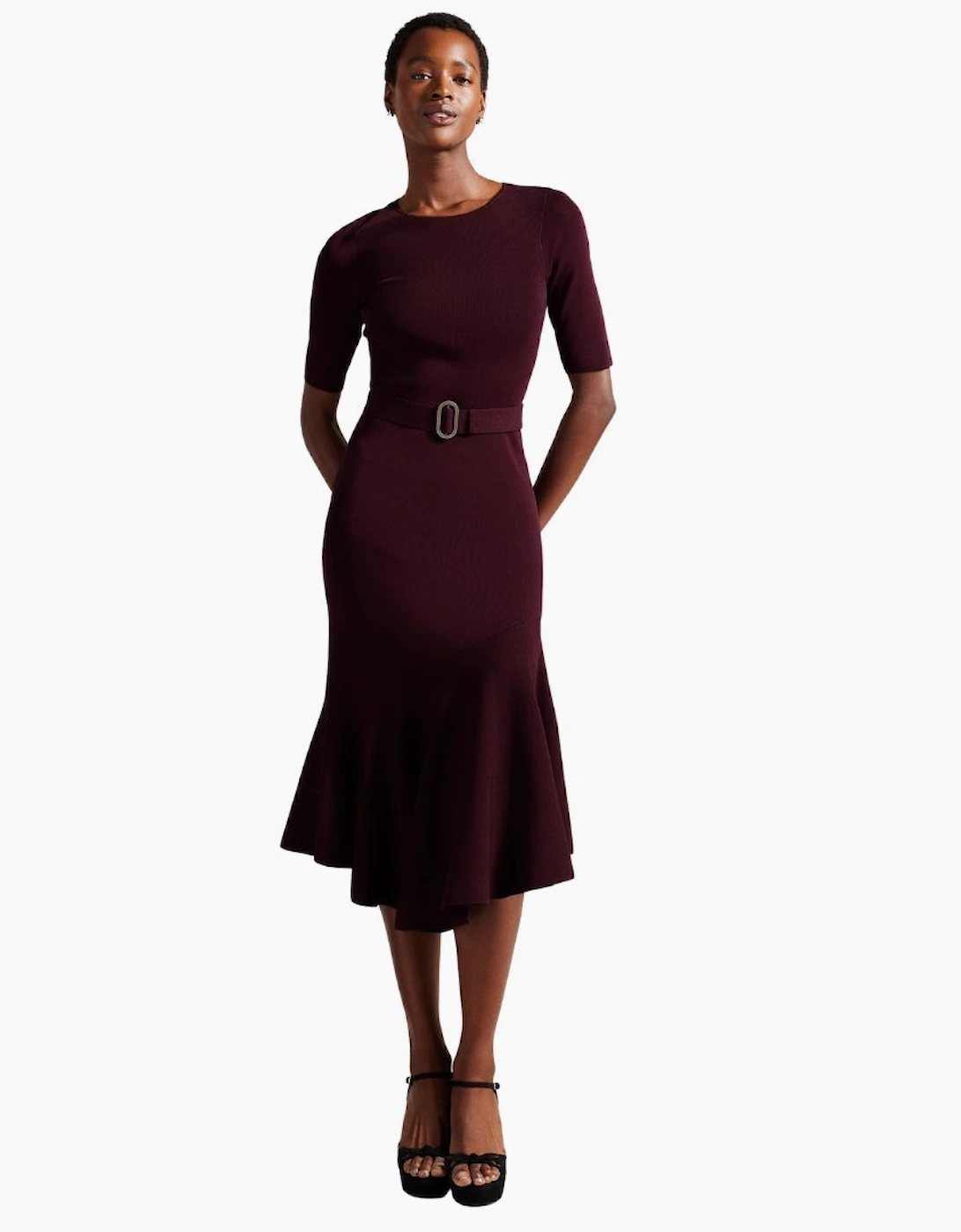 Ted Baker Samalee Knitted Dark Red Flippy Skirt Midi Dress