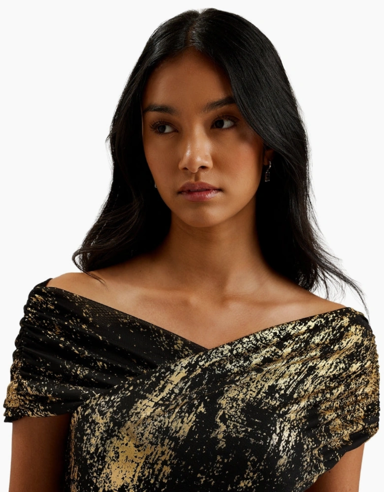 Ted Baker Serinha Bardot Foil Printed Black Midi Dress