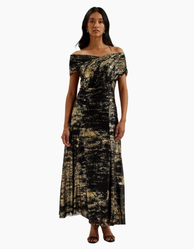 Ted Baker Serinha Bardot Foil Printed Black Midi Dress